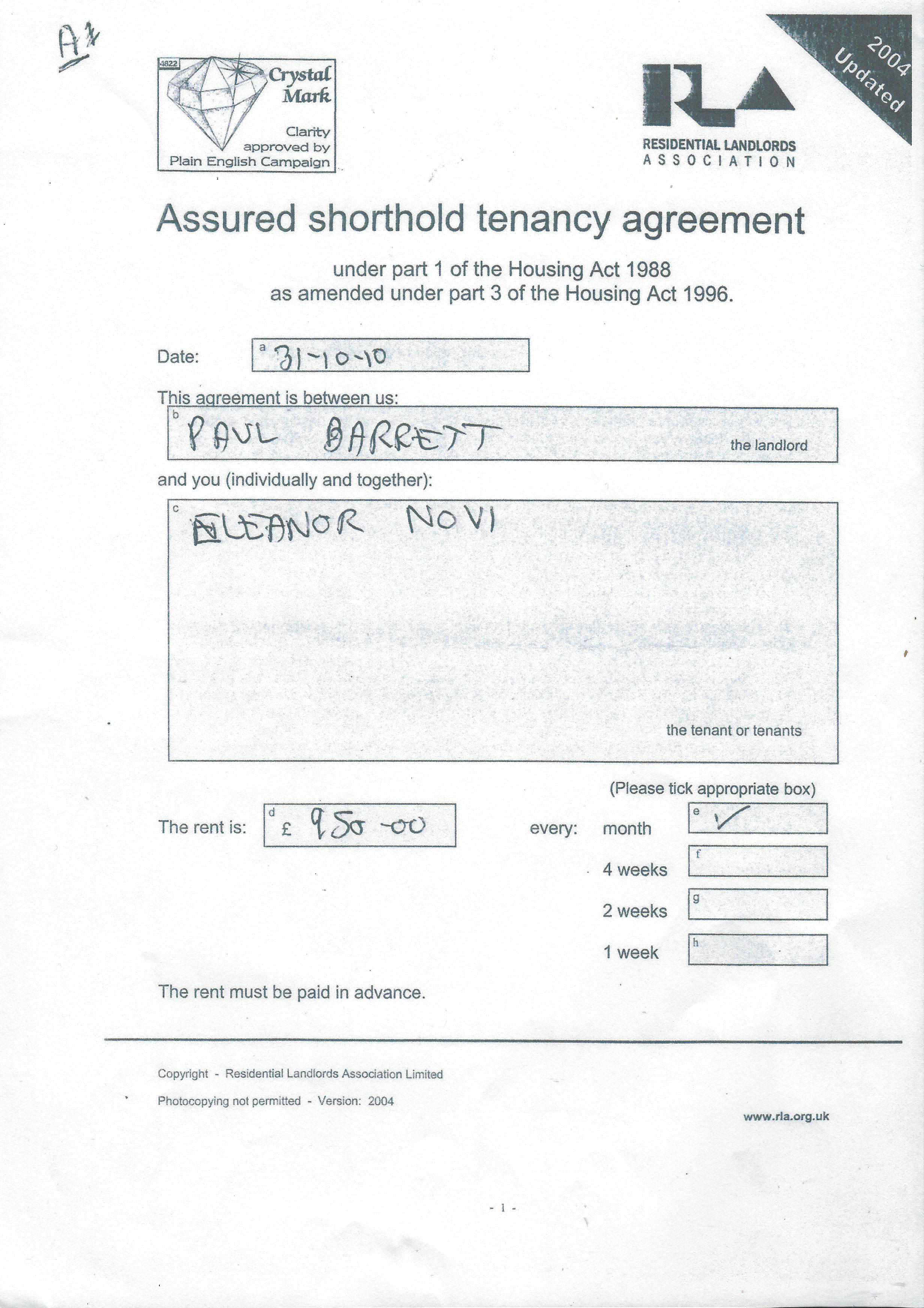 Eleanor Novi/Konodyba Assured Shorthold Tenancy Agreement For assured short term tenancy agreement template